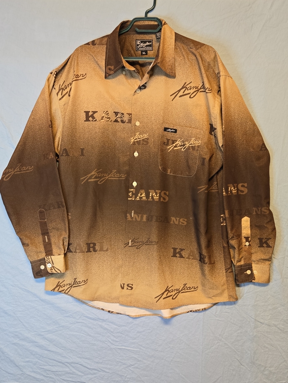 Karl Kani Brown Ombre AOP Logo Print Button Down Casual Dress Shirt Vintage 90s